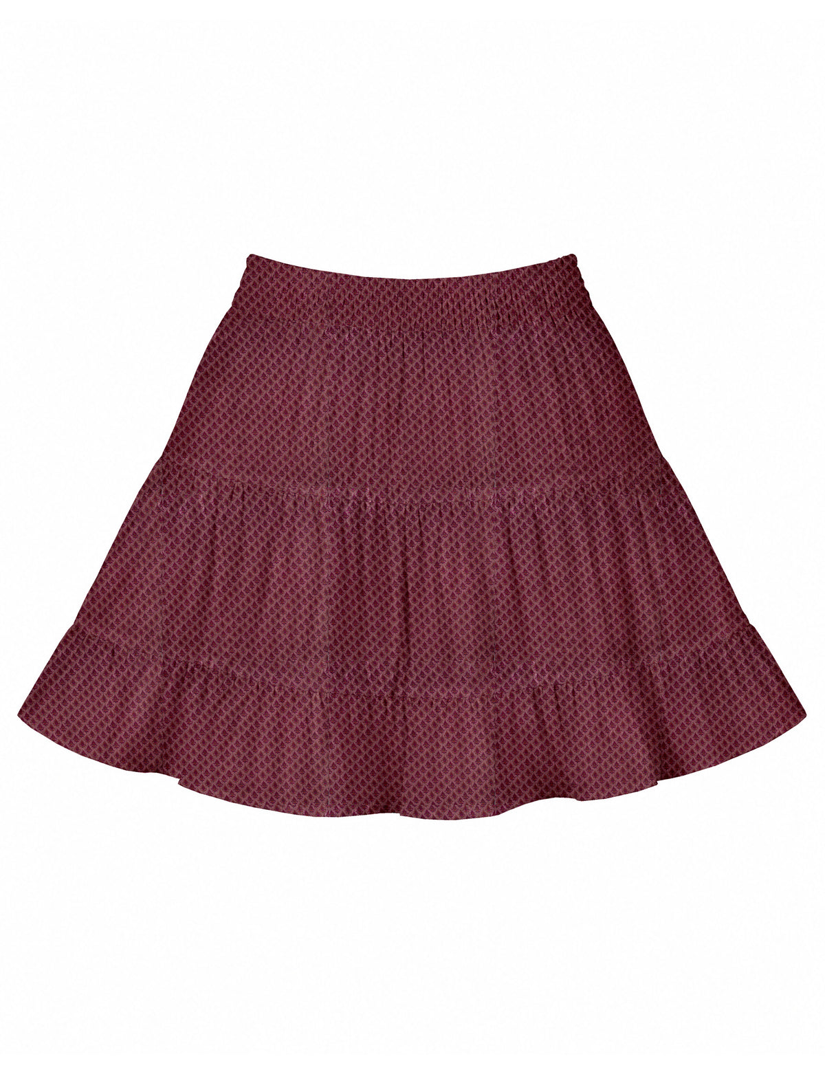 Short tiered skirt in dark pink with small leaf pattern, elastic waistband, and flared hem, flat lay front view