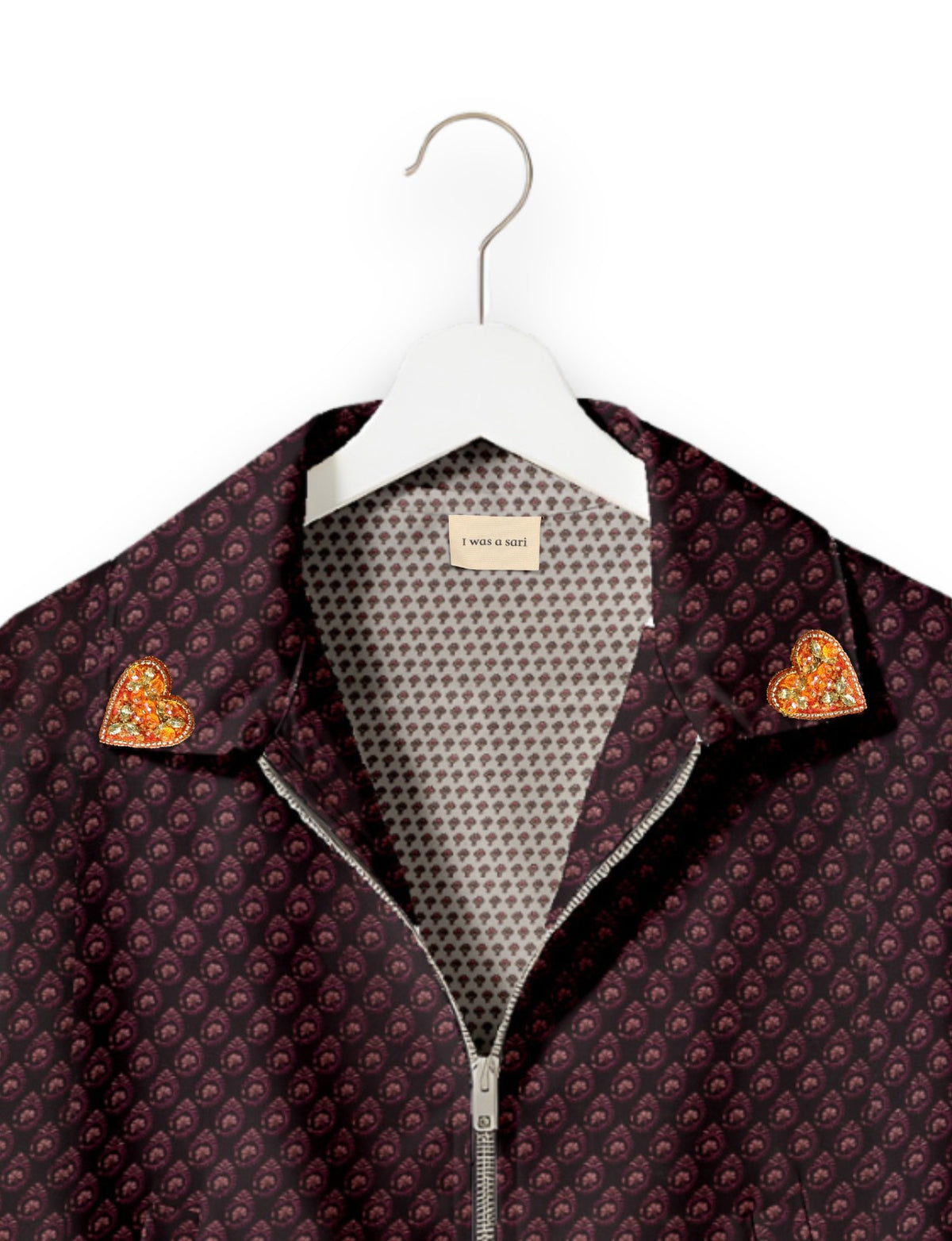 Love Bomber Jacket made from recycled fabric, featuring hand-stitched Aari embroidery. A unique piece of zero-waste clothing, part of the circular fashion movement. Designed with upcycled materials for a stylish yet environmentally friendly clothing choice.