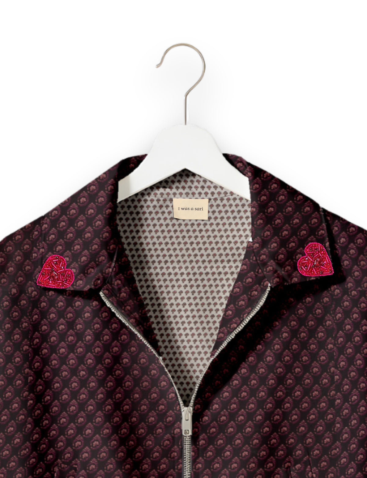 Love Bomber Jacket made from recycled fabric, featuring hand-stitched Aari embroidery. A unique piece of zero-waste clothing, part of the circular fashion movement. Designed with upcycled materials for a stylish yet environmentally friendly clothing choice.