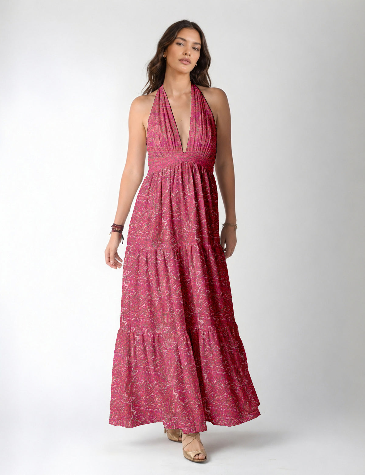 Maxi tiered dress by I was a Sari with halter neckline and flowy silhouette