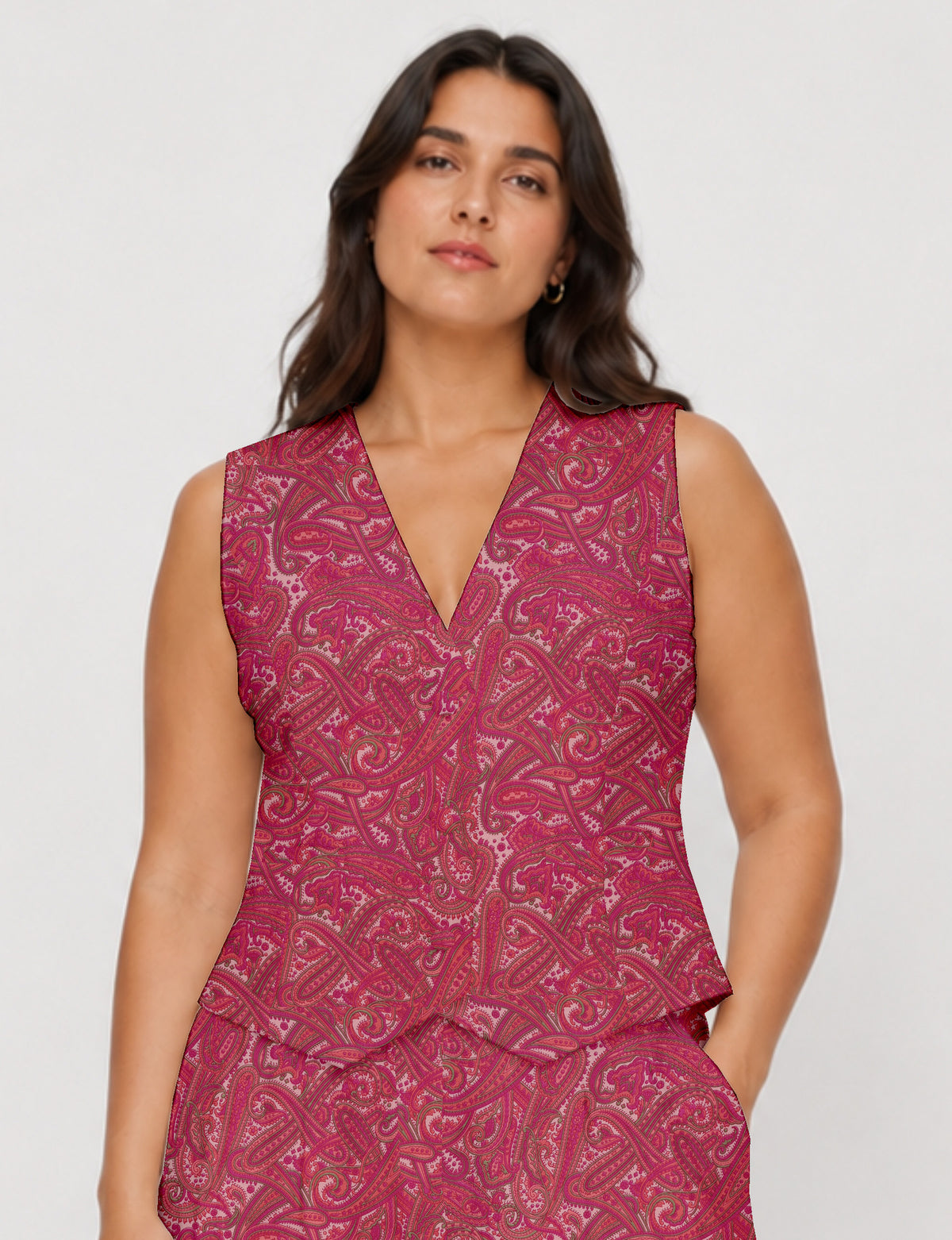 Women's fitted waistcoat with V-neck, single-breasted button closure, tailored silhouette, and pointed hem in sustainable fashion.