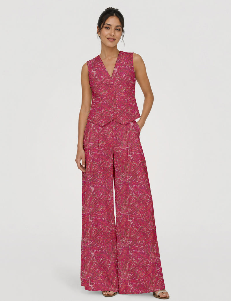 Women's tailored waistcoat set with a sleeveless V-neck button-front waistcoat and high-rise wide leg trousers in a coordinated matching outfit.