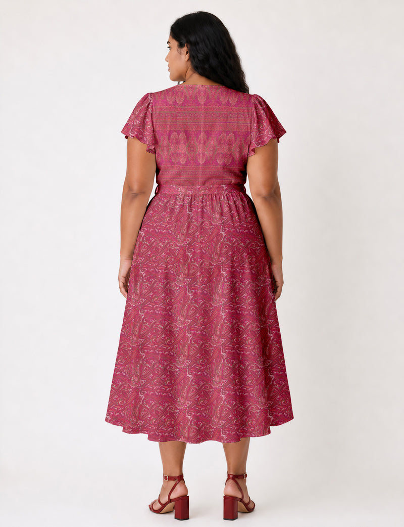 Elegant midi wrap dress with a V-neckline, adjustable waist tie, fitted bodice, and flared skirt for a timeless, flattering silhouette.