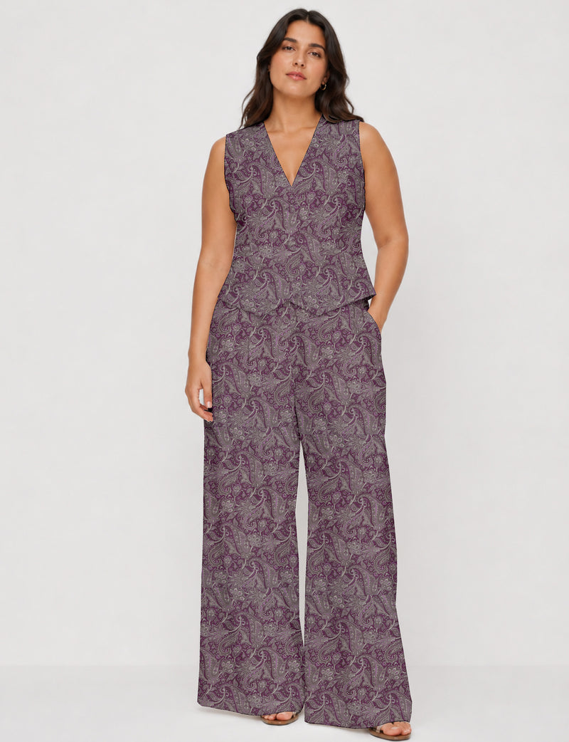 Women's tailored waistcoat set with a sleeveless V-neck button-front waistcoat and high-rise wide leg trousers in a coordinated matching outfit.