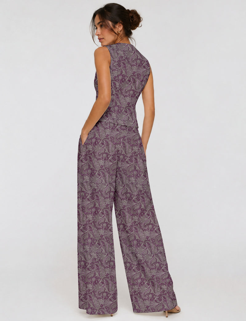 Women's tailored waistcoat set with a sleeveless V-neck button-front waistcoat and high-rise wide leg trousers in a coordinated matching outfit.