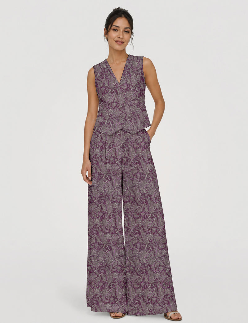 Women's tailored waistcoat set with a sleeveless V-neck button-front waistcoat and high-rise wide leg trousers in a coordinated matching outfit.