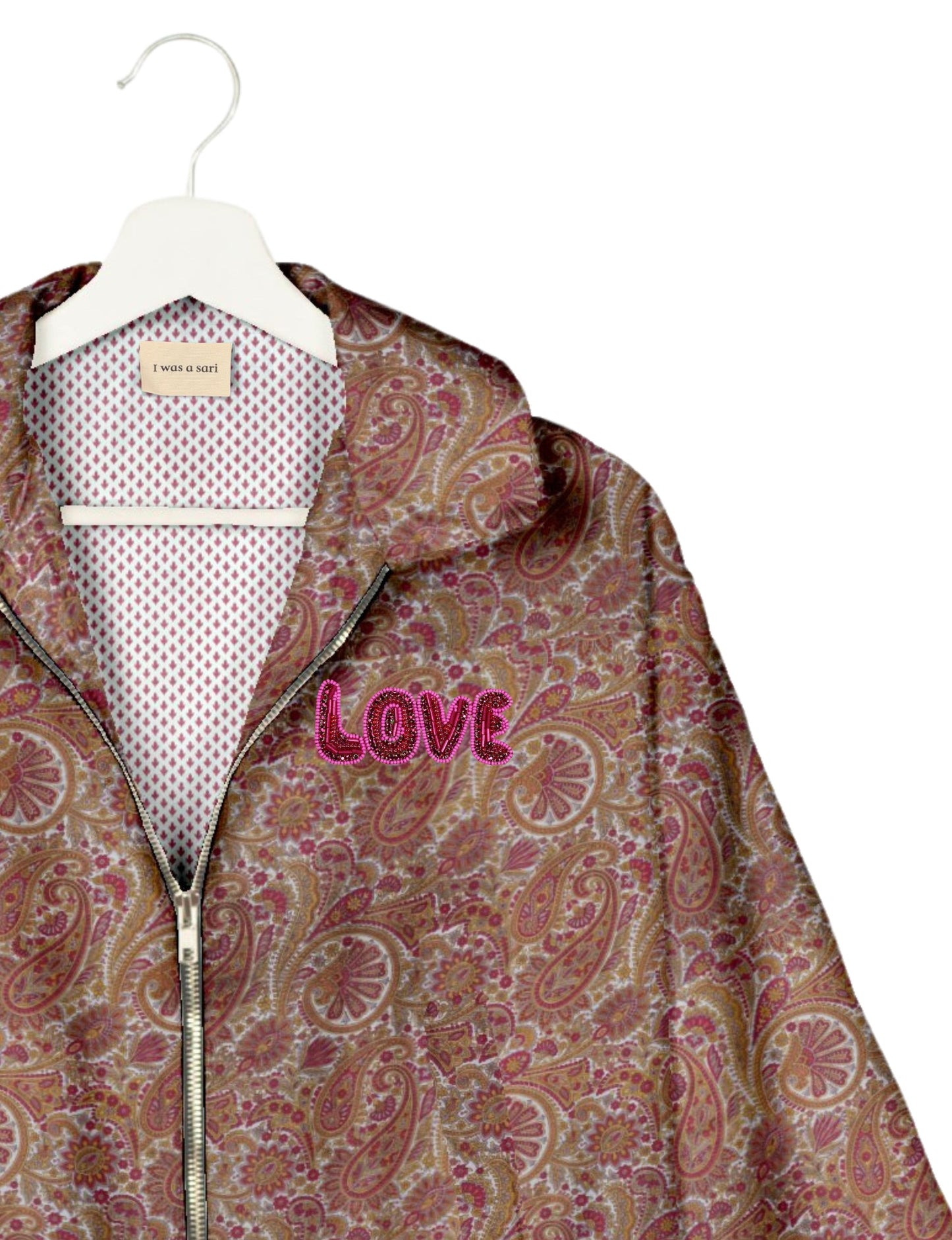 Love Bomber Jacket made from recycled fabric, featuring hand-stitched Aari embroidery. A unique piece of zero-waste clothing, part of the circular fashion movement. Designed with upcycled materials for a stylish yet environmentally friendly clothing choice.