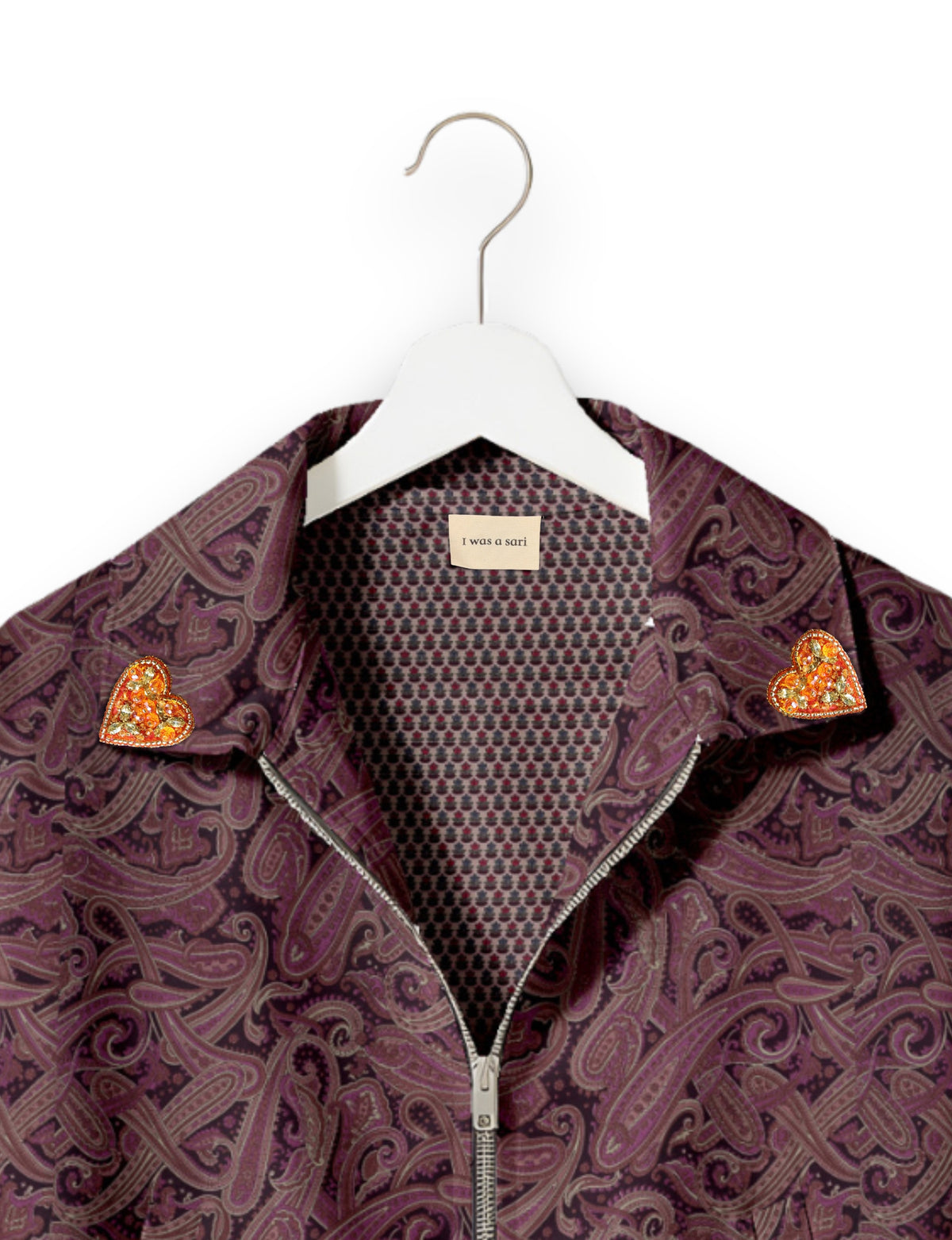 Love Bomber Jacket made from recycled fabric, featuring hand-stitched Aari embroidery. A unique piece of zero-waste clothing, part of the circular fashion movement. Designed with upcycled materials for a stylish yet environmentally friendly clothing choice.