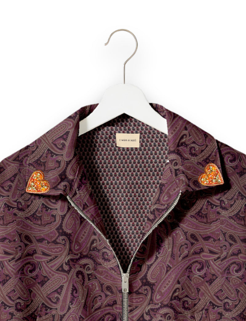 Love Bomber Jacket made from recycled fabric, featuring hand-stitched Aari embroidery. A unique piece of zero-waste clothing, part of the circular fashion movement. Designed with upcycled materials for a stylish yet environmentally friendly clothing choice.