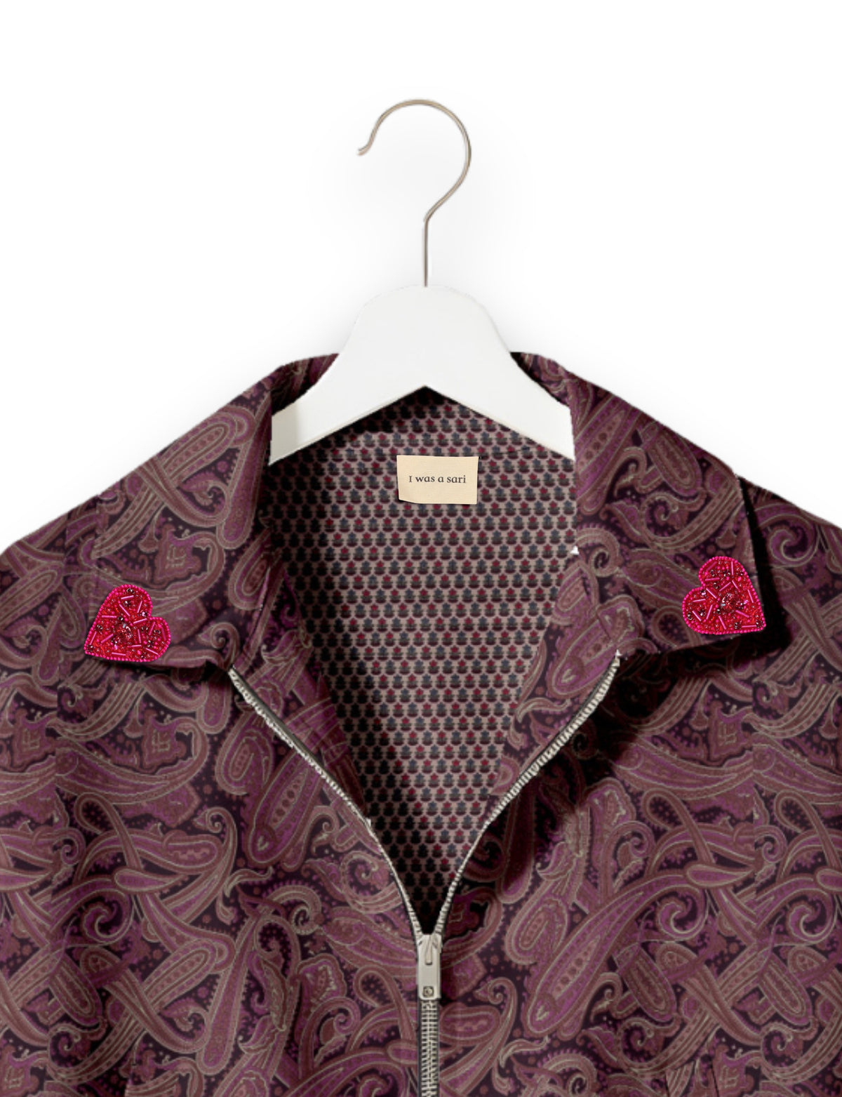 Love Bomber Jacket made from recycled fabric, featuring hand-stitched Aari embroidery. A unique piece of zero-waste clothing, part of the circular fashion movement. Designed with upcycled materials for a stylish yet environmentally friendly clothing choice.