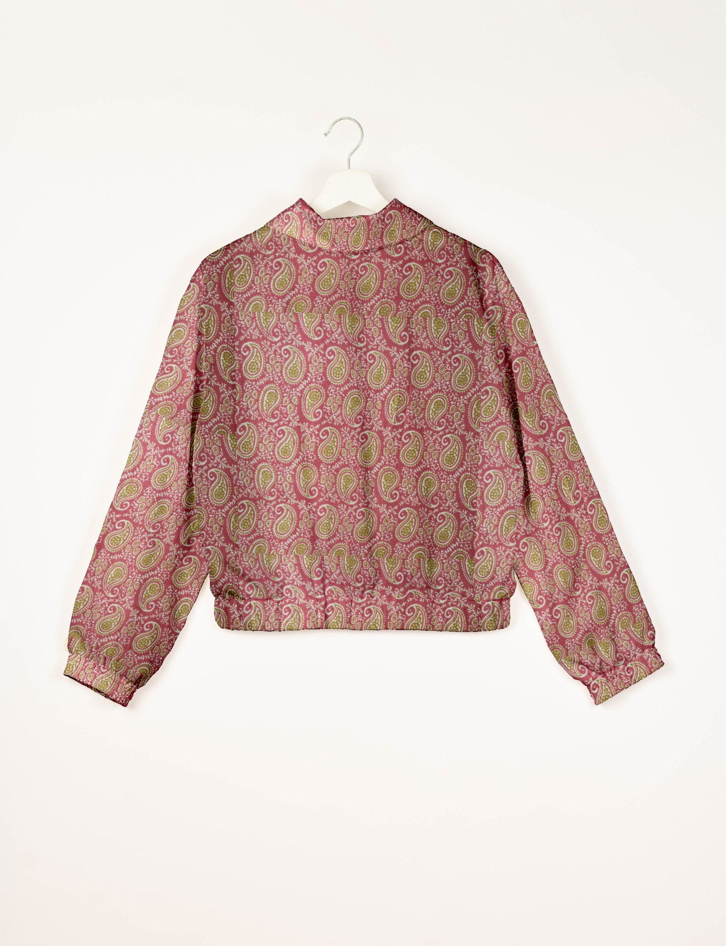 Upcycled Bomber Jacket made from recycled sari materials, featuring a cute cropped shape, elasticated hem and cuffs, and contrast sari print lining. Sustainable apparel promoting eco-friendly fashion and ethical clothing.