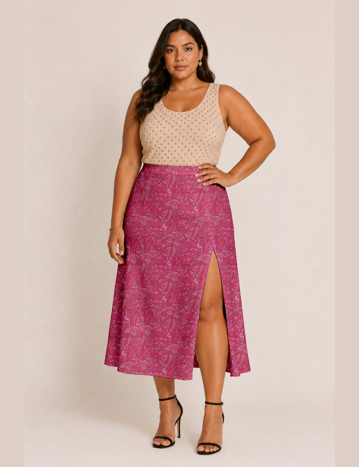 A line skirt with slit - Pink Paisley