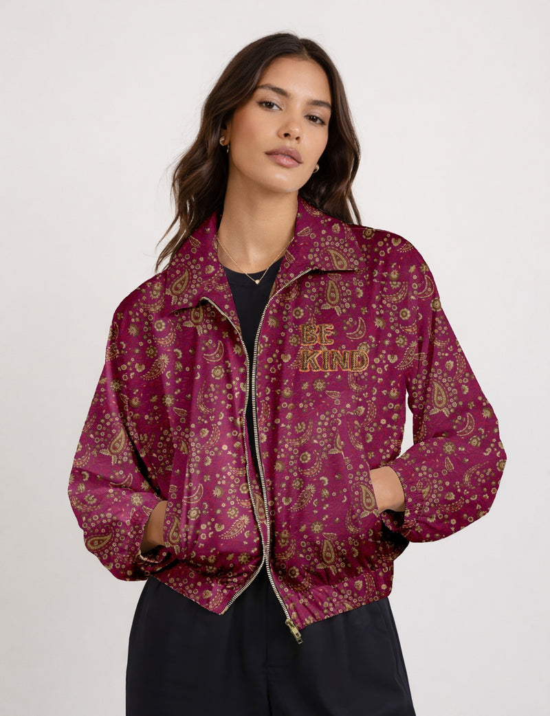 BE KIND Bomber jacket made from upcycled sari fabric with handcrafted Aari embroidery by female artisans.