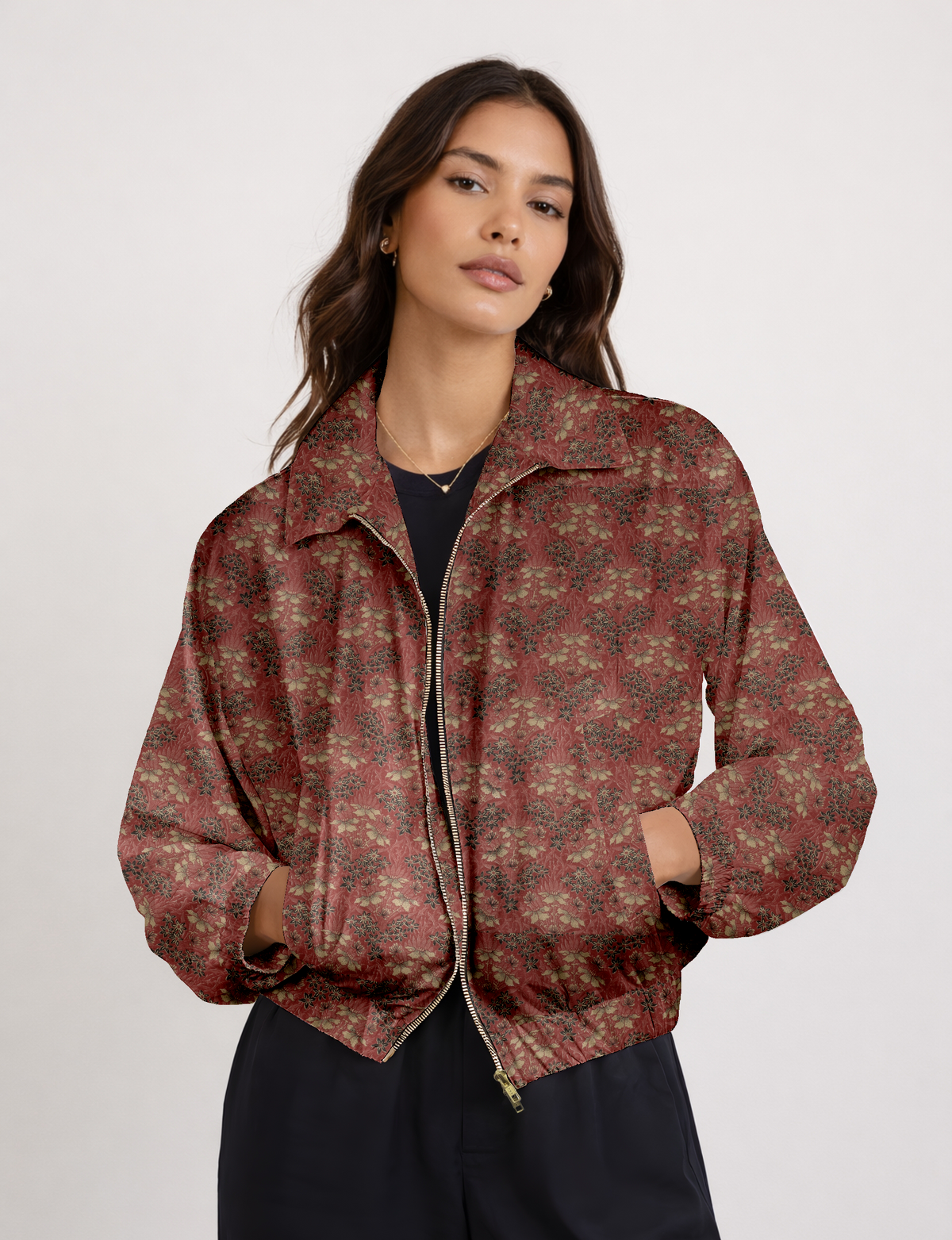 Upcycled Bomber Jacket made from recycled sari materials, featuring a cute cropped shape, elasticated hem and cuffs, and contrast sari print lining. Sustainable apparel promoting eco-friendly fashion and ethical clothing.