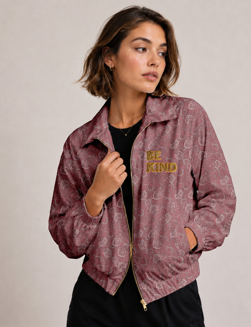 BE KIND Bomber jacket made from upcycled sari fabric with handcrafted Aari embroidery by female artisans.