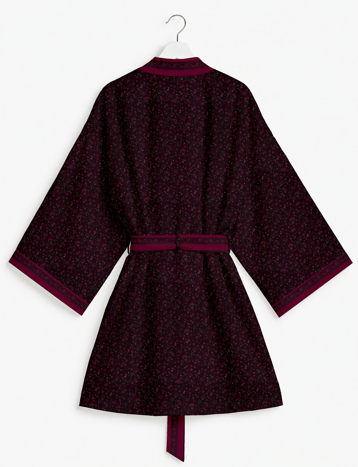 Short kimono robe with wrap front, V-neckline, wide sleeves, waist tie, and concealed skort detail.
