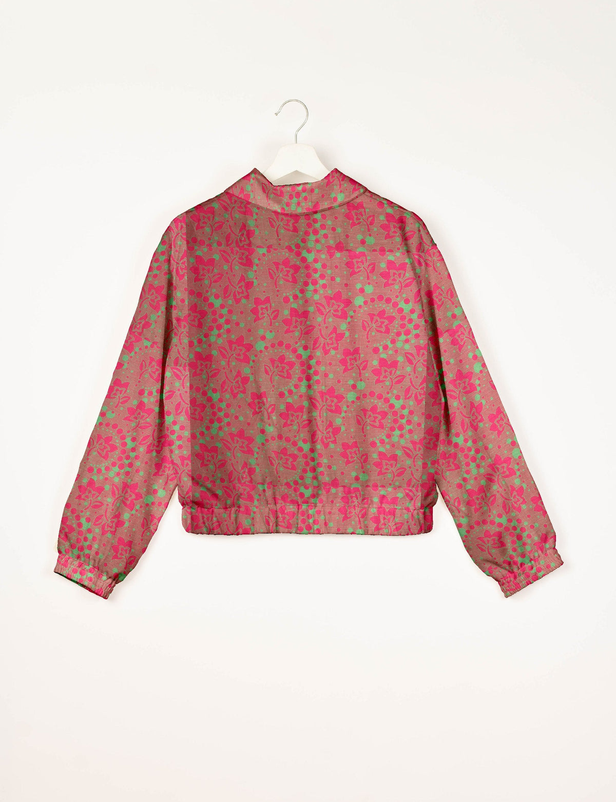 Love Bomber Jacket made from recycled fabric, featuring hand-stitched Aari embroidery. A unique piece of zero-waste clothing, part of the circular fashion movement. Designed with upcycled materials for a stylish yet environmentally friendly clothing choice.