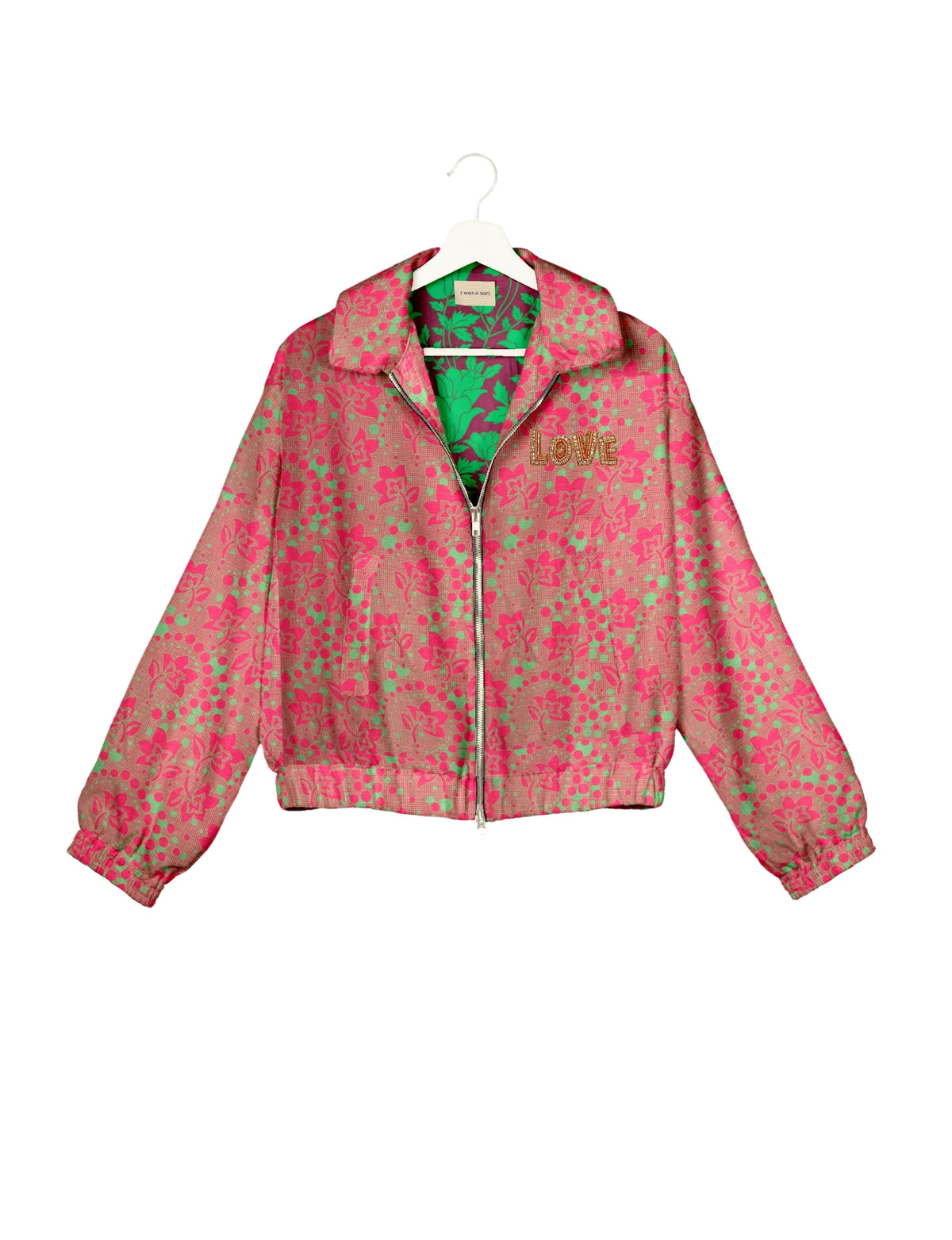 Love Bomber Jacket made from recycled fabric, featuring hand-stitched Aari embroidery. A unique piece of zero-waste clothing, part of the circular fashion movement. Designed with upcycled materials for a stylish yet environmentally friendly clothing choice.