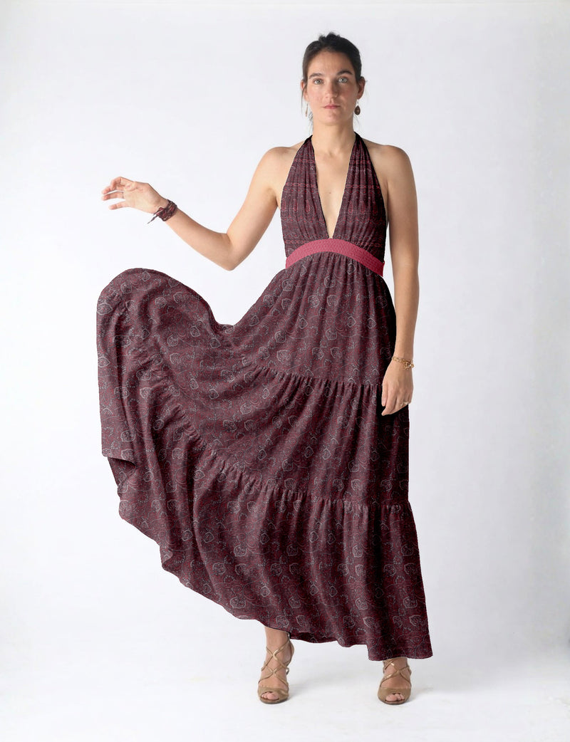 Maxi tiered dress by I was a Sari with halter neckline and flowy silhouette