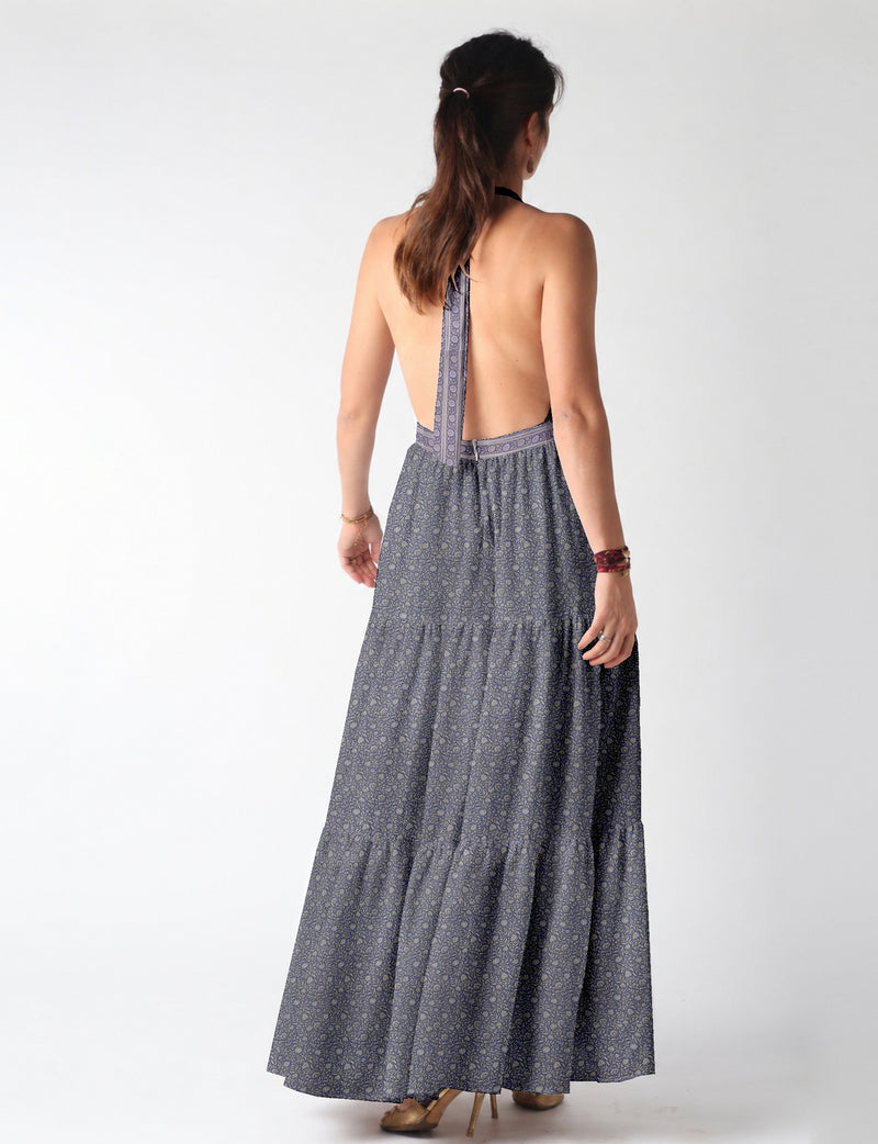 Maxi tiered dress by I was a Sari with halter neckline and flowy silhouette