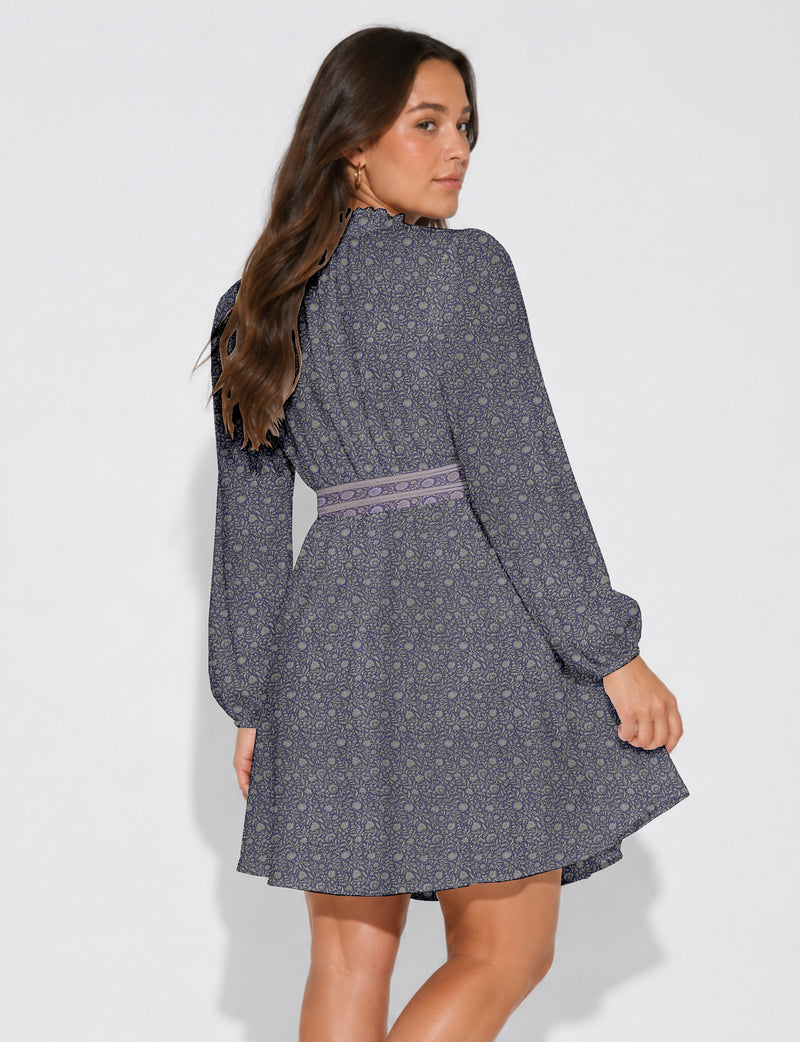 Swing dress with belt - Purple Tropical