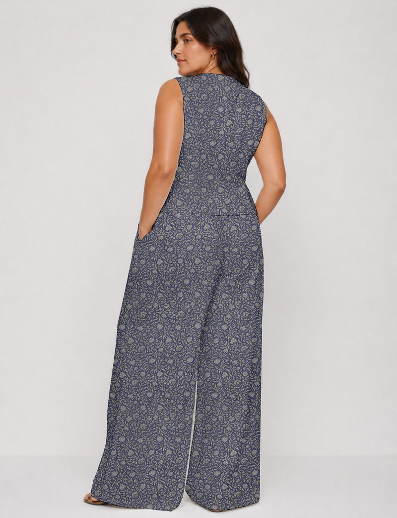Women's tailored waistcoat set with a sleeveless V-neck button-front waistcoat and high-rise wide leg trousers in a coordinated matching outfit.
