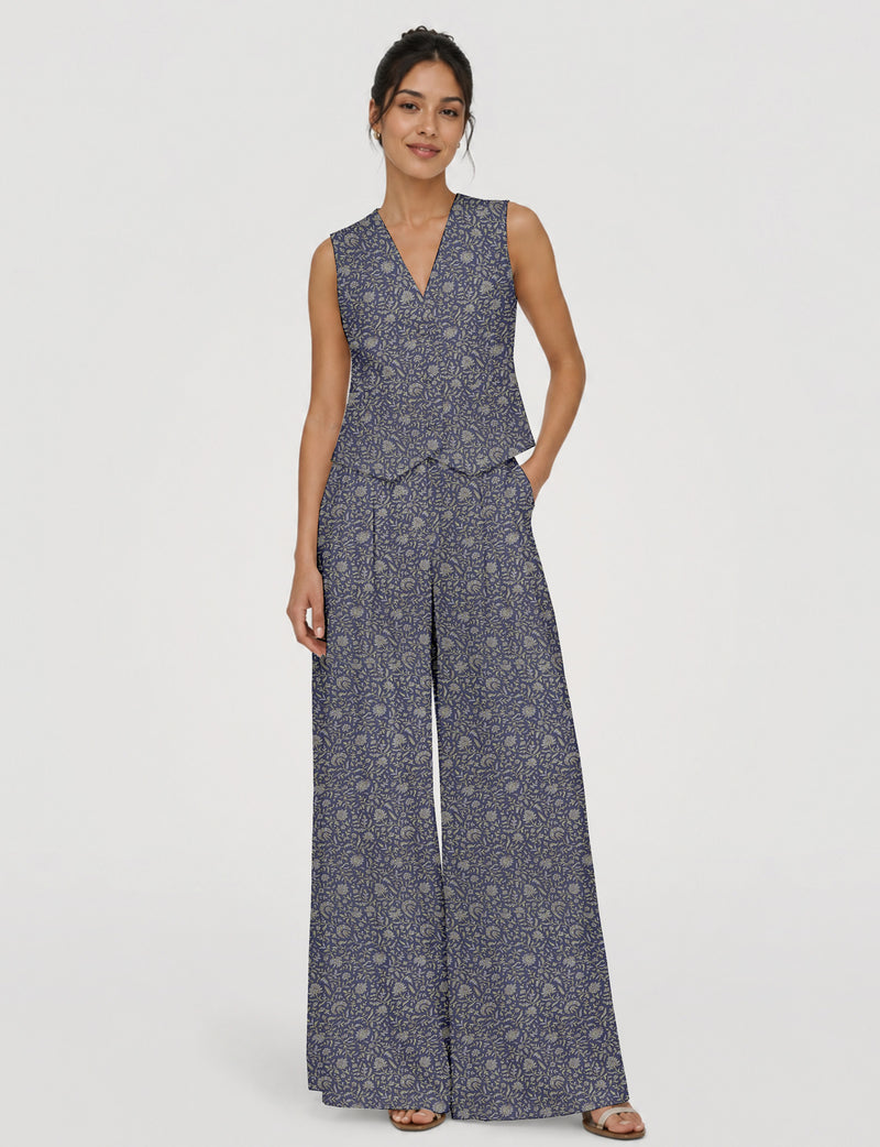 Women's tailored waistcoat set with a sleeveless V-neck button-front waistcoat and high-rise wide leg trousers in a coordinated matching outfit.