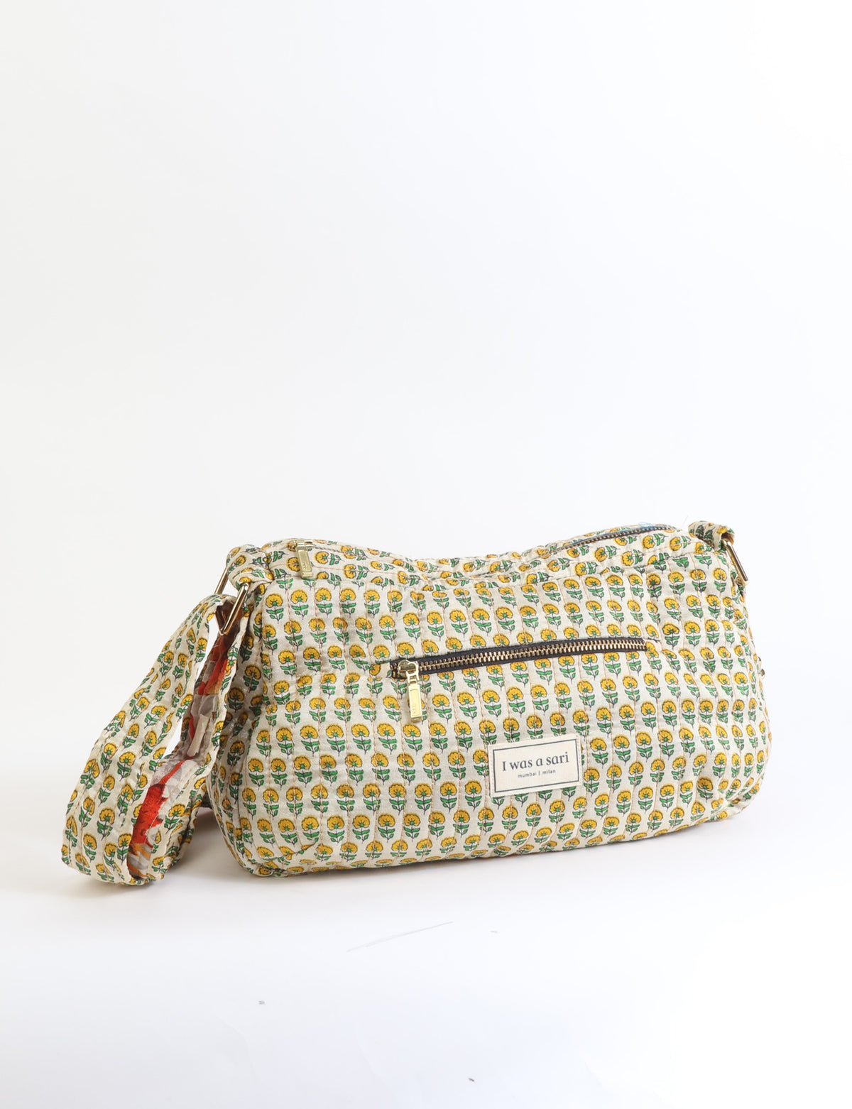 Quilted Sling Bag in Beige Floral, handmade from an upcycled sari by I was a Sari