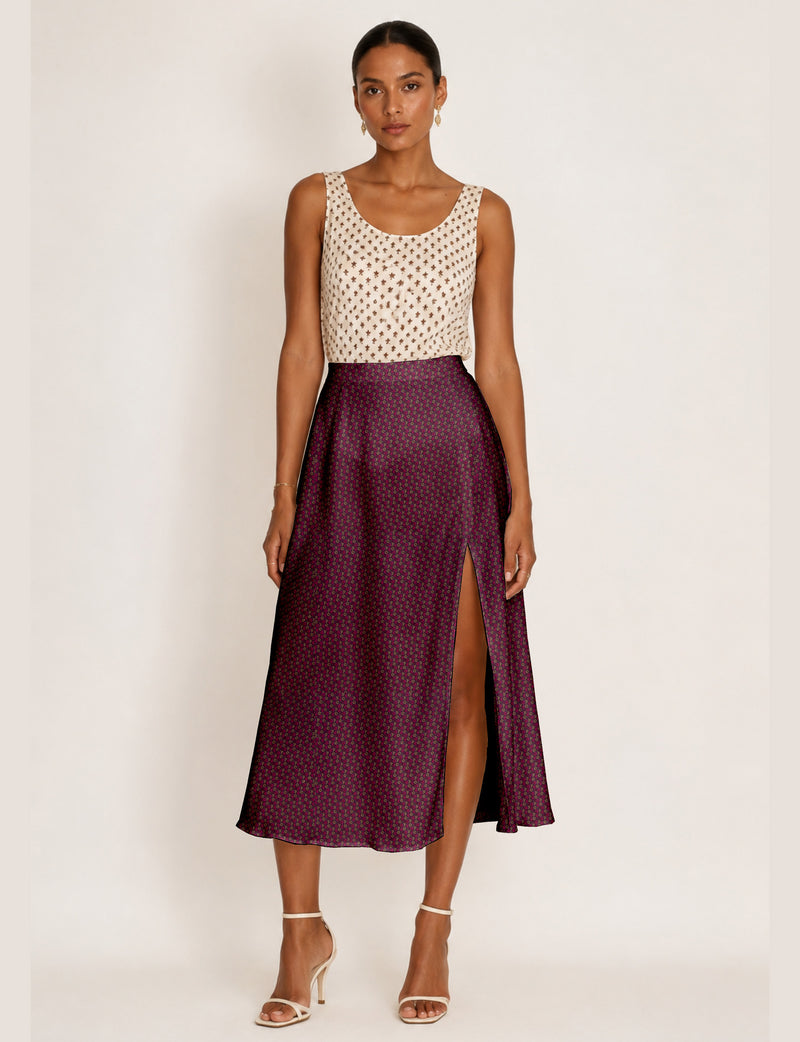 A line skirt with slit - Red Floral