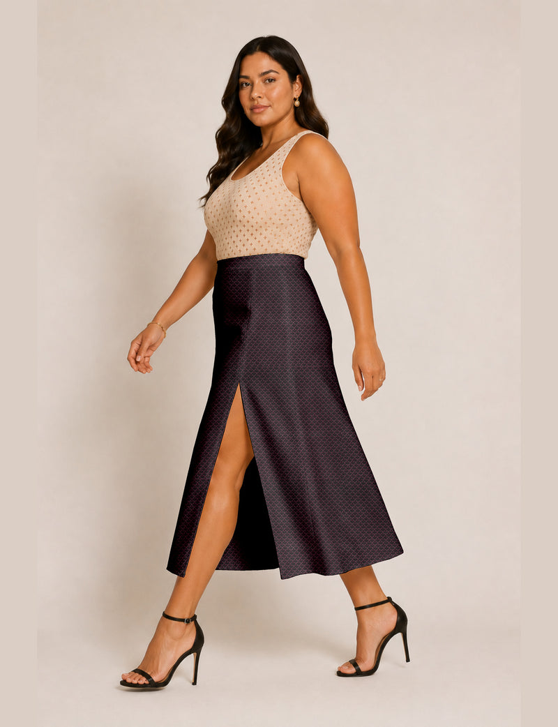 A line skirt with slit - Red Floral