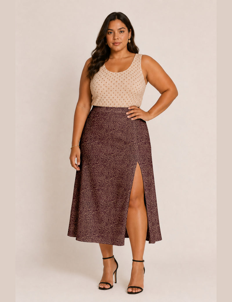 A line skirt with slit - Red Floral