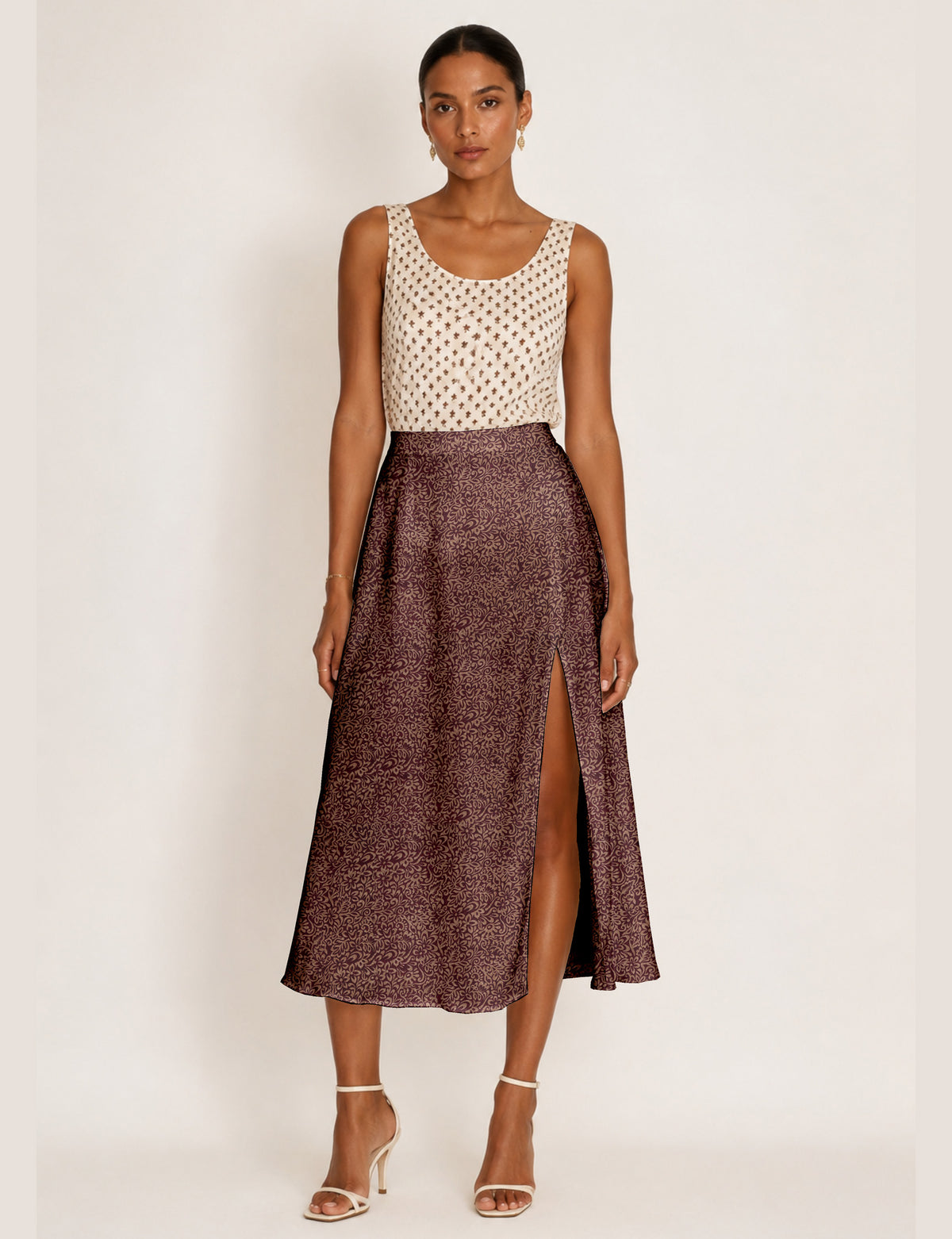 A line skirt with slit - Red Floral