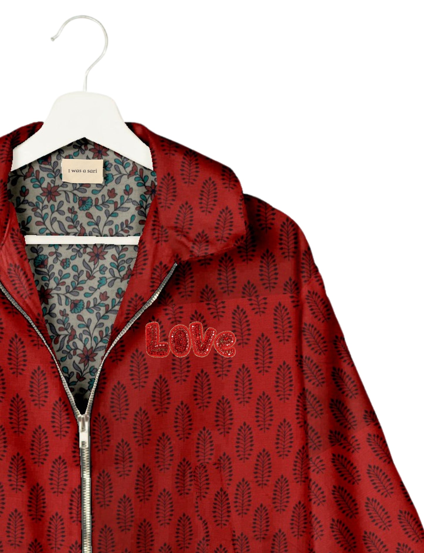 Love Bomber Jacket made from recycled fabric, featuring hand-stitched Aari embroidery. A unique piece of zero-waste clothing, part of the circular fashion movement. Designed with upcycled materials for a stylish yet environmentally friendly clothing choice.