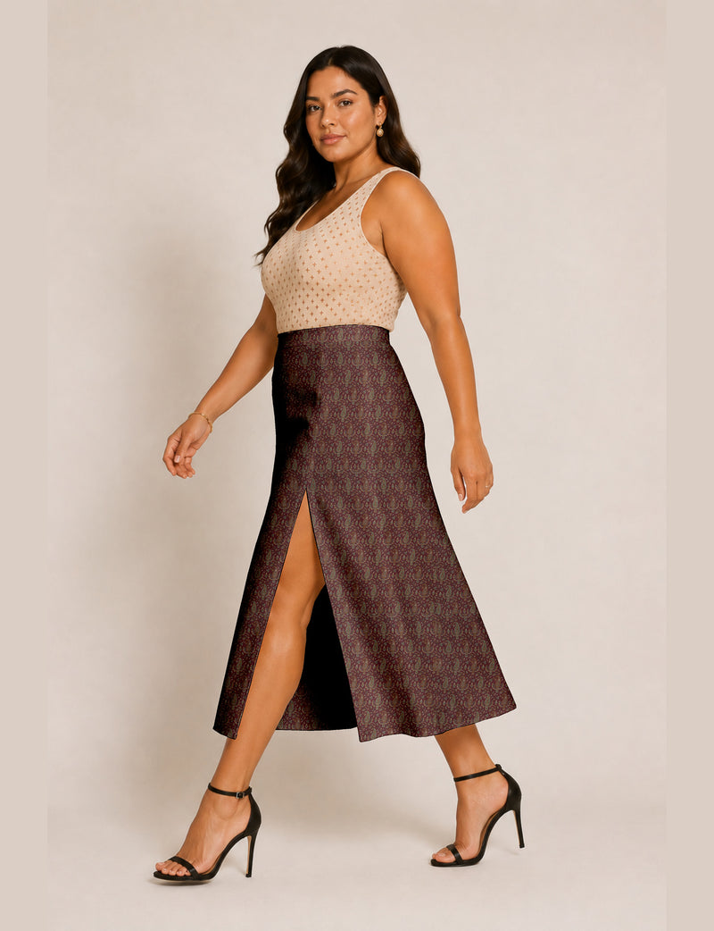 A line skirt with slit - Red Paisley