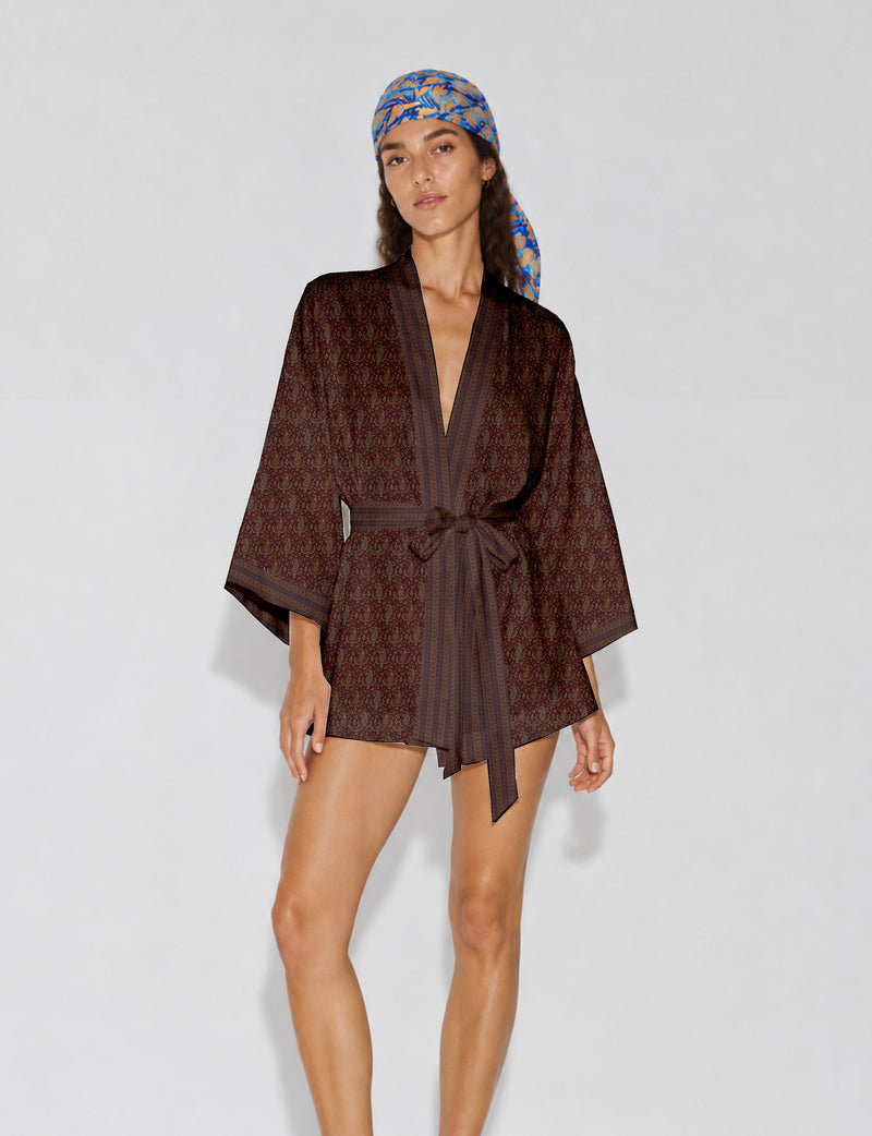 Short kimono robe - Red Paisley