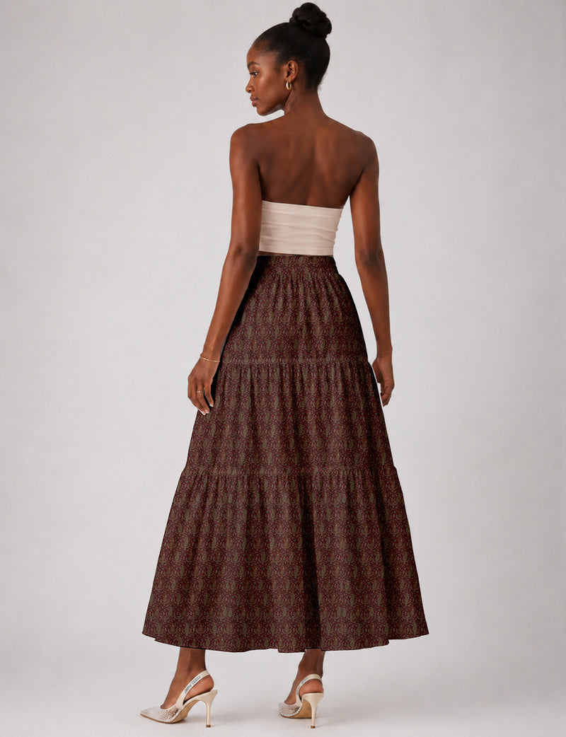Midi Tiered Skirt - Red Paisley
