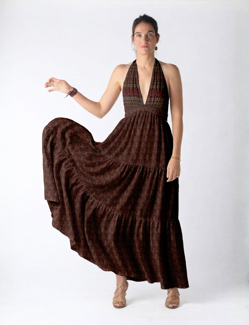 Maxi tiered dress by I was a Sari with halter neckline and flowy silhouette