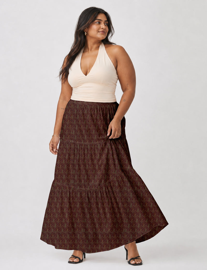Midi Tiered Skirt - Red Paisley