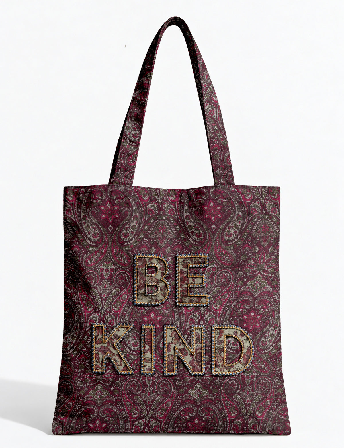 Be Kind tote bag with contrast sari fabric appliqué lettering, double shoulder straps, and front slip pocket.
