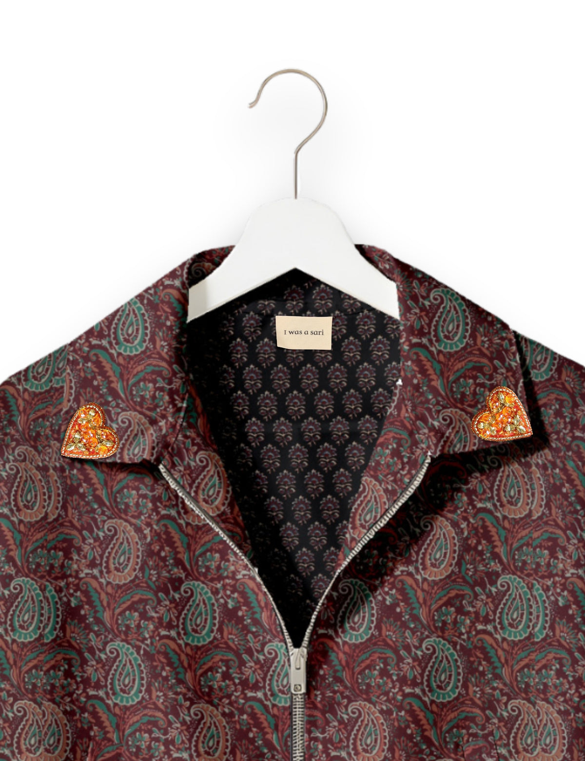Love Bomber Jacket made from recycled fabric, featuring hand-stitched Aari embroidery. A unique piece of zero-waste clothing, part of the circular fashion movement. Designed with upcycled materials for a stylish yet environmentally friendly clothing choice.