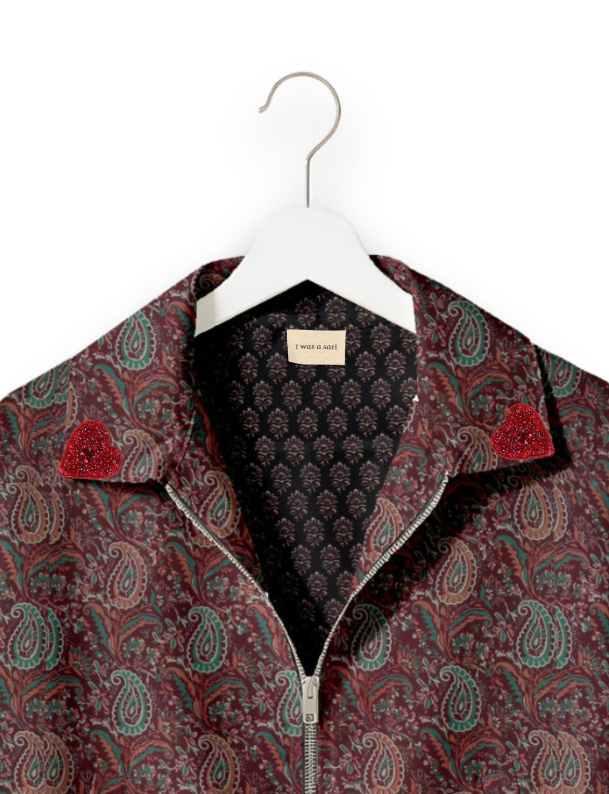 Love Bomber Jacket made from recycled fabric, featuring hand-stitched Aari embroidery. A unique piece of zero-waste clothing, part of the circular fashion movement. Designed with upcycled materials for a stylish yet environmentally friendly clothing choice.