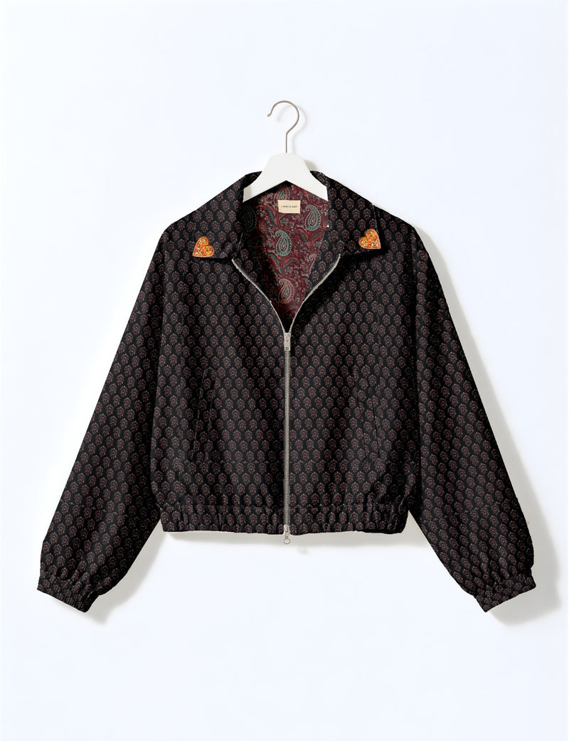 Love Bomber Jacket made from recycled fabric, featuring hand-stitched Aari embroidery. A unique piece of zero-waste clothing, part of the circular fashion movement. Designed with upcycled materials for a stylish yet environmentally friendly clothing choice.