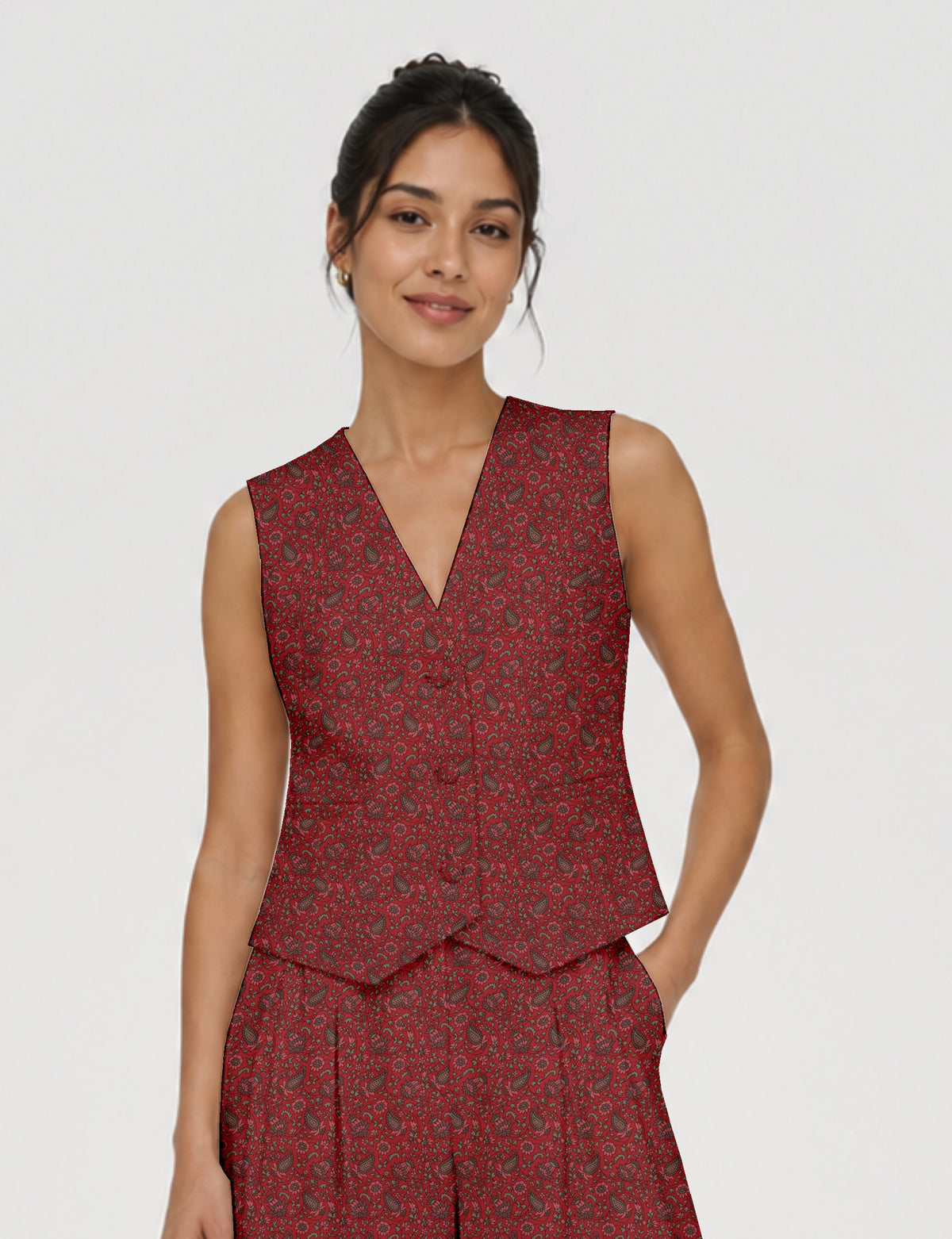 Women's fitted waistcoat with V-neck, single-breasted button closure, tailored silhouette, and pointed hem in sustainable fashion.