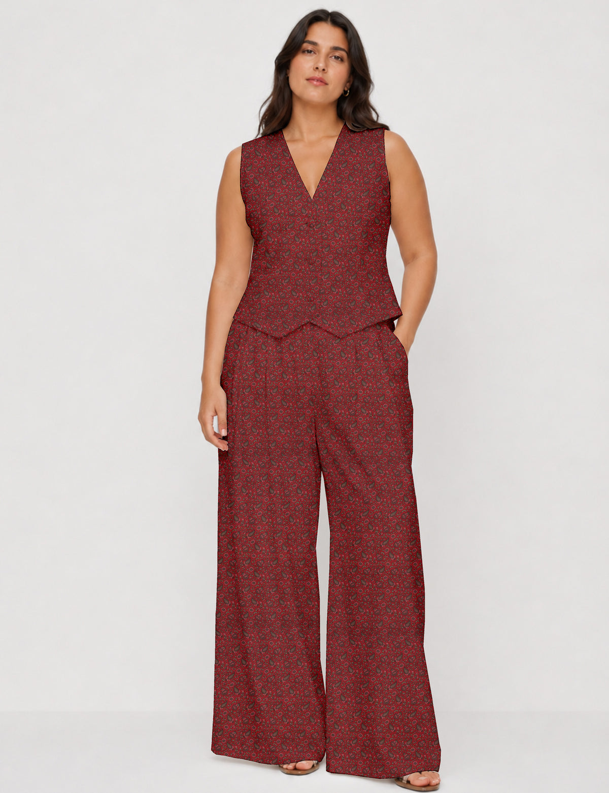 Women's tailored waistcoat set with a sleeveless V-neck button-front waistcoat and high-rise wide leg trousers in a coordinated matching outfit.