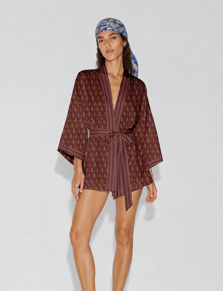 Kurze Kimono-Robe - Rot Paisley