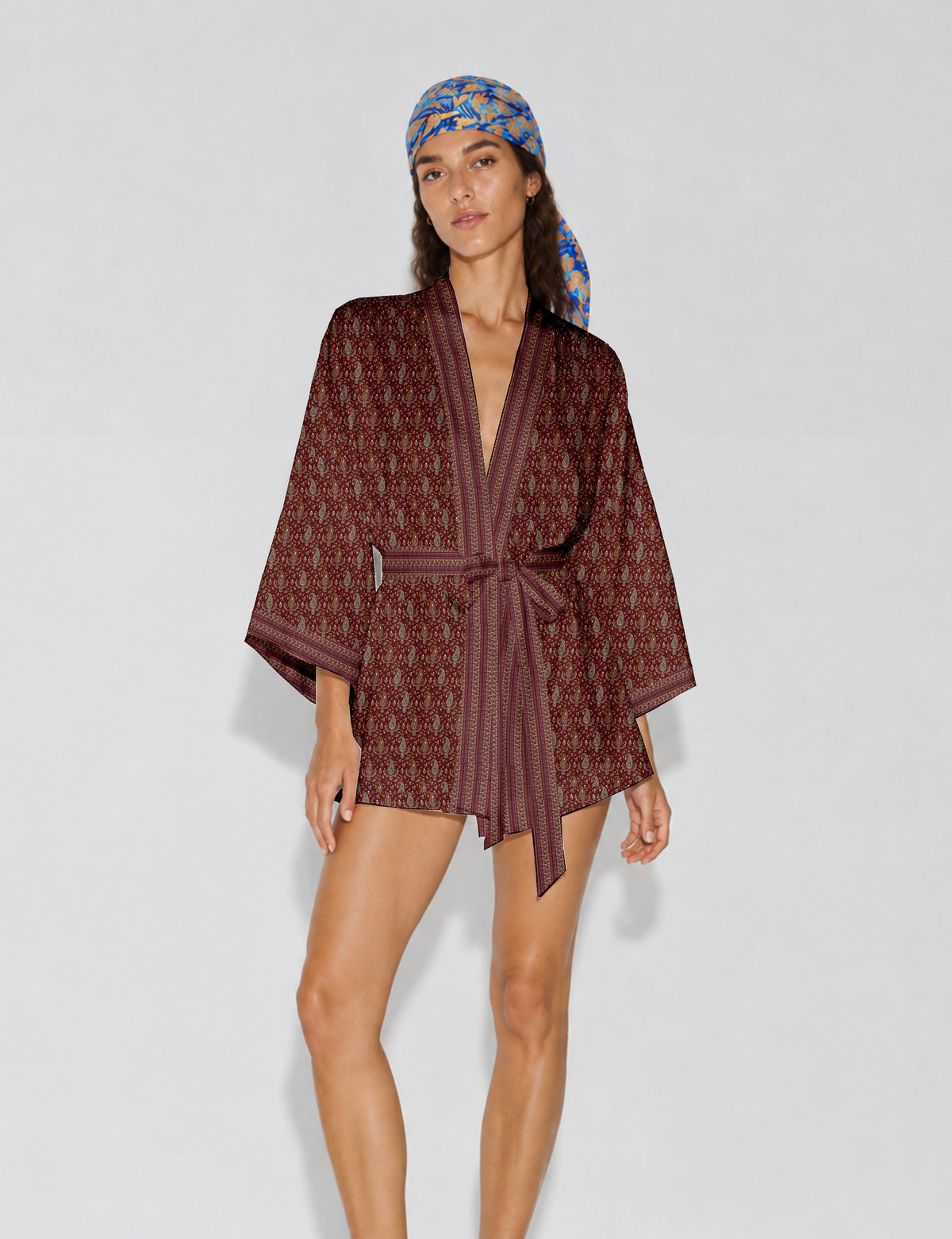 Short kimono robe - Red Paisley