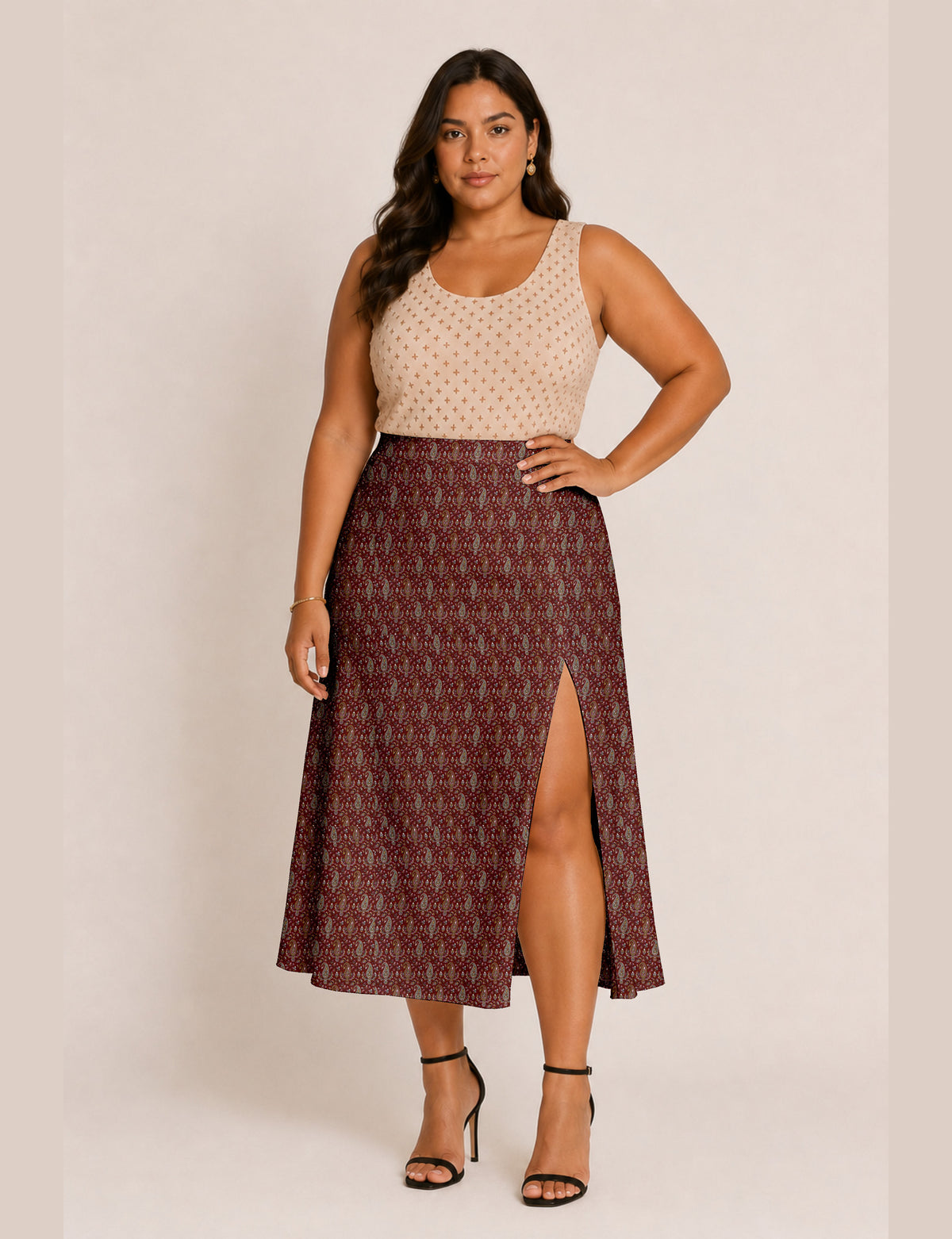 A line skirt with slit - Red Paisley