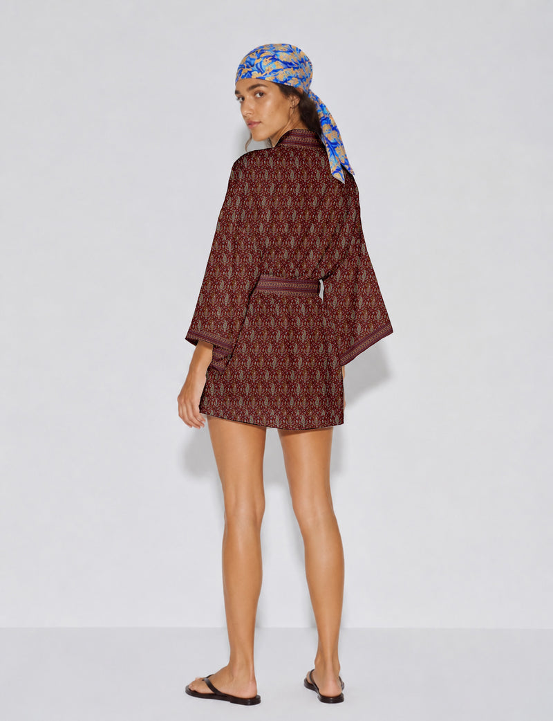 Short kimono robe - Red Paisley