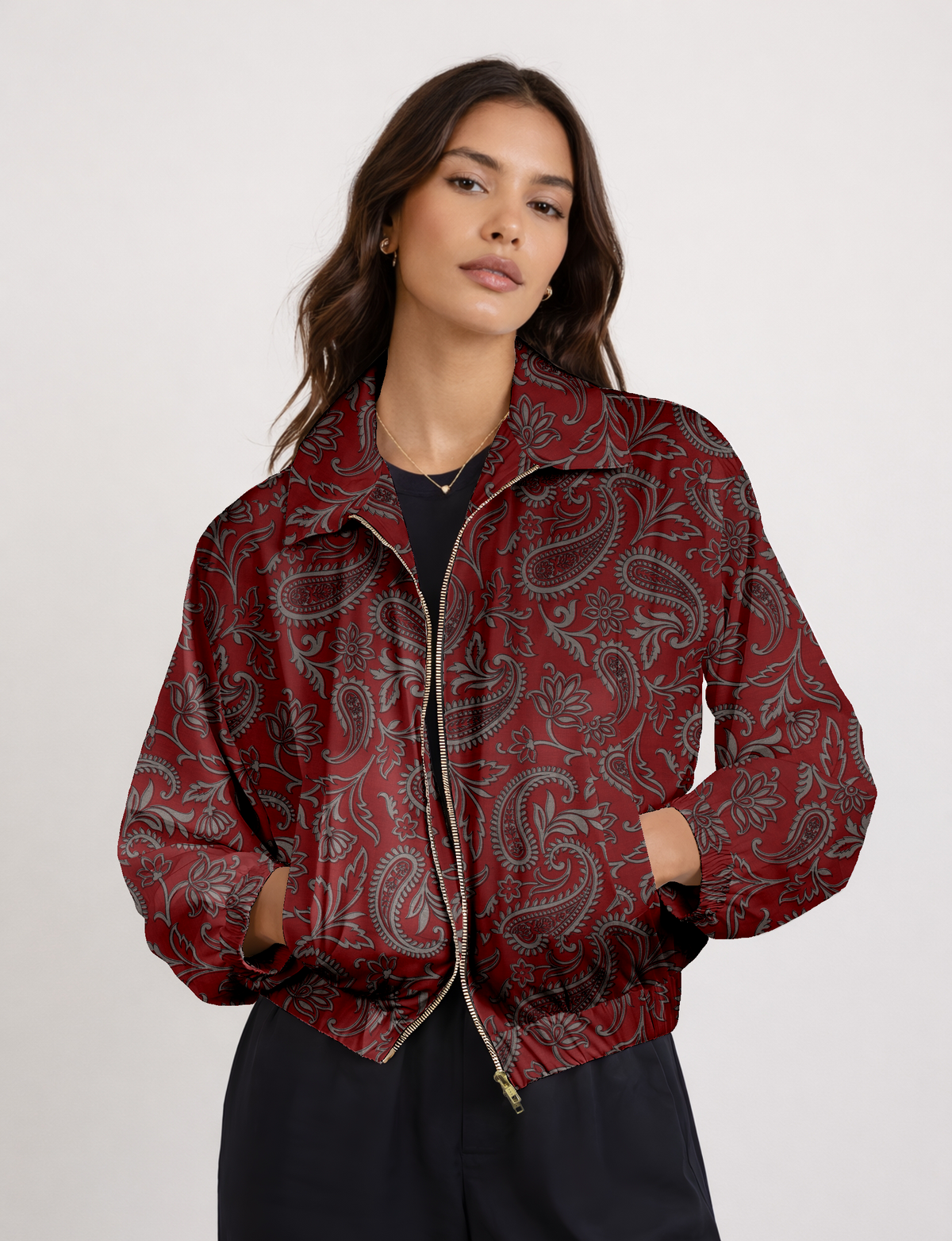 Upcycled Bomber Jacket made from recycled sari materials, featuring a cute cropped shape, elasticated hem and cuffs, and contrast sari print lining. Sustainable apparel promoting eco-friendly fashion and ethical clothing.