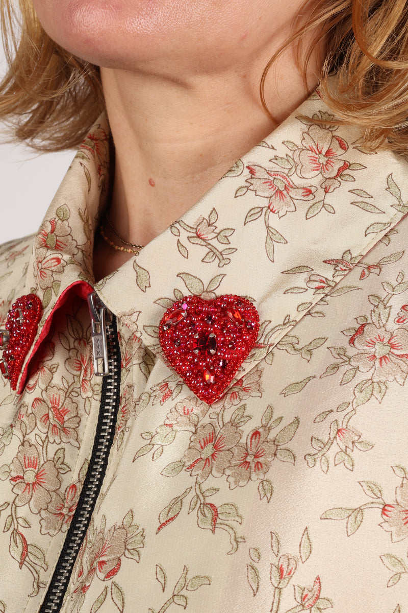 Love Bomber Jacket made from recycled fabric, featuring hand-stitched Aari embroidery. A unique piece of zero-waste clothing, part of the circular fashion movement. Designed with upcycled materials for a stylish yet environmentally friendly clothing choice.